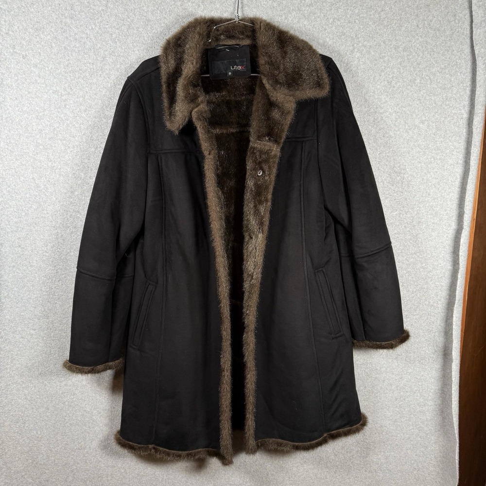 Utex faux fur lined coat womens medium black vintage 90s long jacket